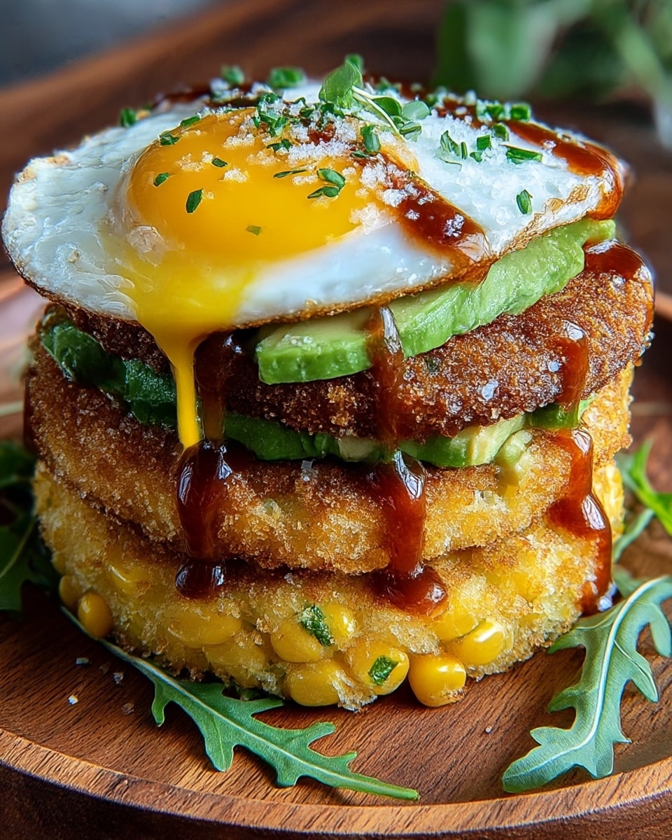 This dish has three main layers stacked on a wooden round plate. The bottom layer is a golden brown corn fritter with visible corn pieces, crispy and textured. On top of that lies a second crispy brown patty with small green avocado slices and a sprinkle of coarse white salt visible in between the layers. The top layer is a fried egg with a bright yellow yolk and slightly crispy white edges, drizzled with a thick dark brown sauce and garnished with small chopped green herbs. Some green arugula leaves peek around the edges of the stacked layers. The photo taken with an iphone --ar 4:5 --v 7