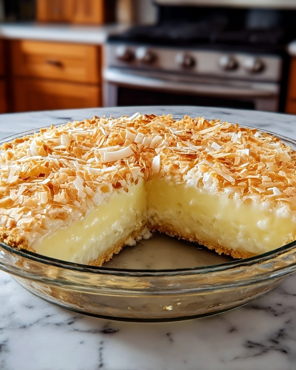 A round pie in a clear glass dish with one slice missing shows three layers: a thin, golden-brown crust at the bottom; a thick, smooth, creamy yellow filling in the middle; and a top layer of toasted shredded coconut that is light brown and crispy. The pie sits on a white marbled surface, with wooden kitchen cabinets and a stove blurred in the background. photo taken with an iphone --ar 4:5 --v 7