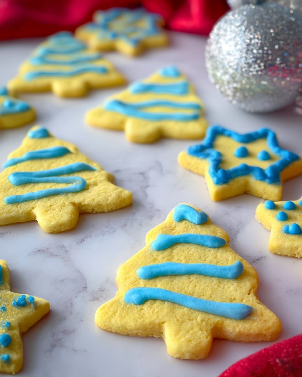 The image shows several yellow Christmas tree and star-shaped cookies on a white marbled surface. Each Christmas tree cookie has a single layer of yellow dough with a rough texture and is decorated with a thick light blue icing zigzag pattern on top. The star-shaped cookies also have one layer of yellow dough and are decorated with blue icing in different shapes such as dots and borders. The colors are bright and the icing looks soft and creamy. In the background, there is a blurred shiny silver decoration and a red fabric partially visible. photo taken with an iphone --ar 4:5 --v 7