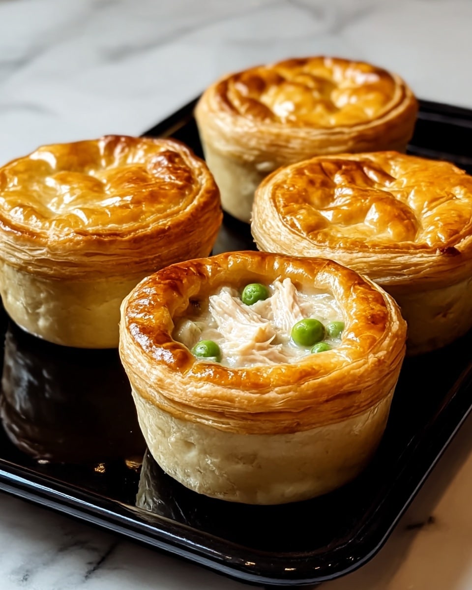 The image shows four small round pies with golden, flaky, and slightly shiny puff pastry tops, placed closely together on a glossy black tray. The front pie has a visible opening in the center, revealing a creamy filling with pieces of white chicken and green peas inside. The sides of the pies are light beige and smooth, showing the layered texture of the pastry. The tray is set on a white marbled surface with soft, blurred background tones. photo taken with an iphone --ar 4:5 --v 7