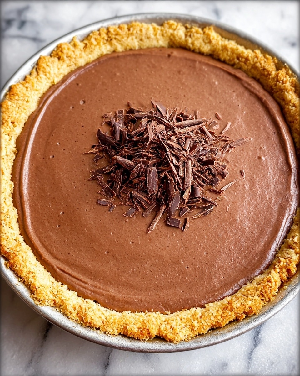 A close-up view of a pie in a round metal pan with a golden-brown crumbly crust forming the outermost layer, slightly uneven and textured. Inside the crust is a smooth, thick layer of chocolate filling in a rich, medium brown color, spread evenly to the edges but not reaching the crust. On top of the chocolate filling, there is a small mound of dark brown chocolate shavings in the center, adding texture and contrast. The pie is placed on a white marbled surface. photo taken with an iphone --ar 4:5 --v 7