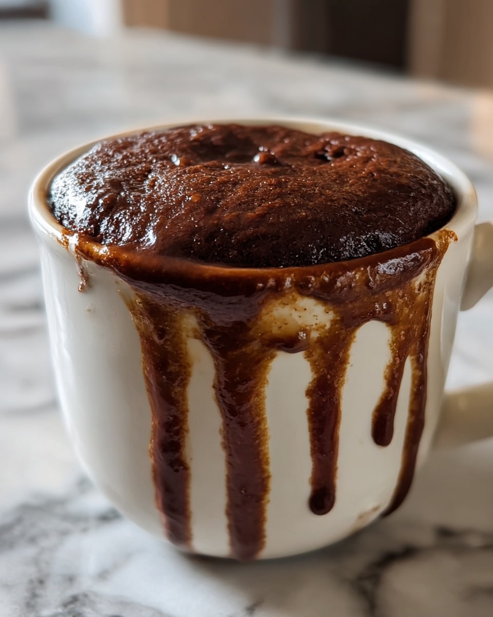 A close-up view of a mug cake in a white ceramic mug sitting on a white marbled surface, filled to the top with a rich, dark brown chocolate cake that is slightly risen and has a glossy, moist texture. The sides of the mug show streaks and drips of melted chocolate batter creating a messy, homemade look. The background is softly blurred, emphasizing the warm, gooey cake inside the mug. photo taken with an iphone --ar 4:5 --v 7