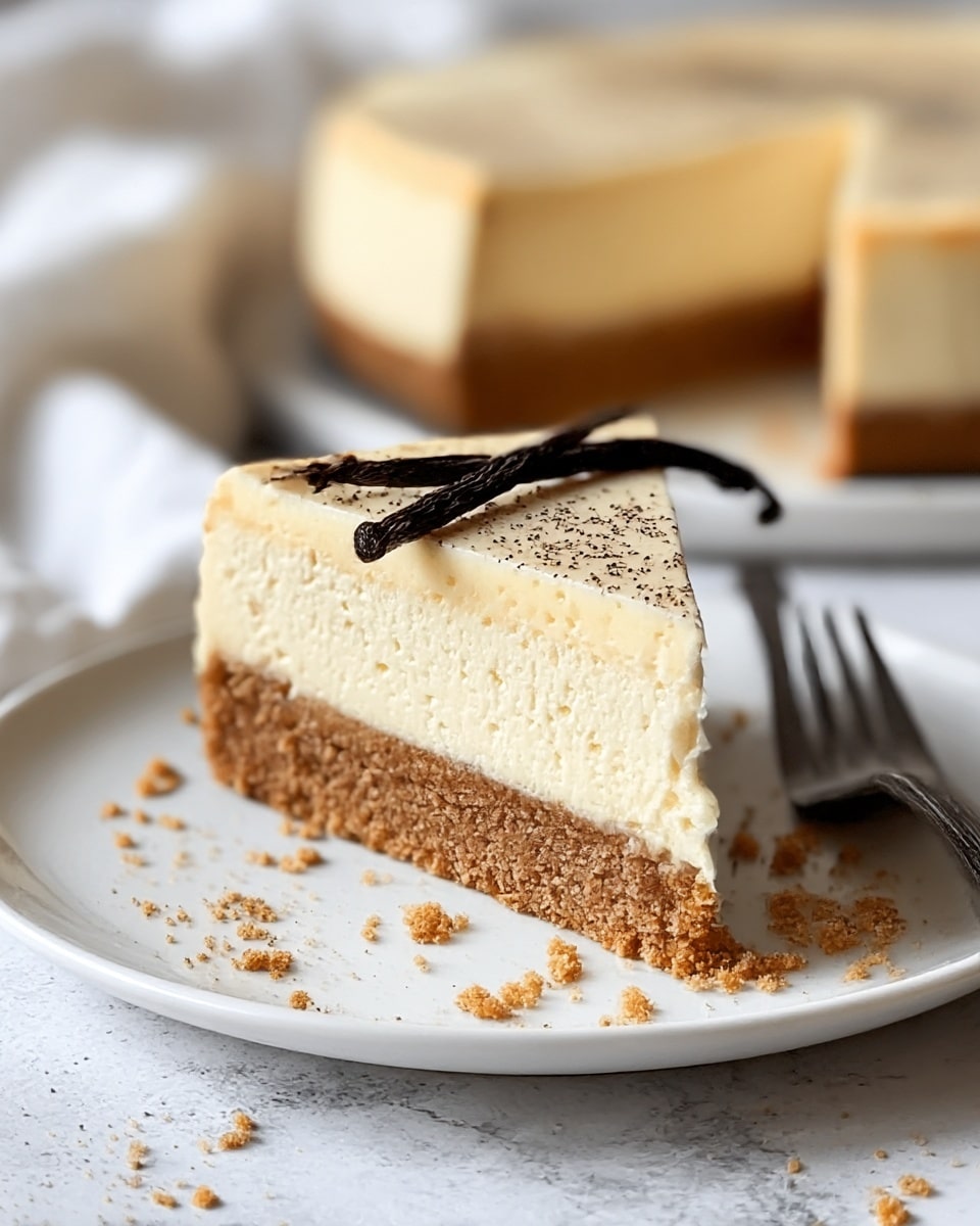 A slice of cheesecake with three visible layers sits on a white plate over a white marbled texture. The bottom layer is a crumbly, rough-textured brown crust, above it is a thin, slightly darker brown layer with a smooth texture, and the top layer is a thick, creamy off-white cheesecake with a soft, smooth surface. The cheesecake slice is topped with a small dark brown vanilla bean and tiny brown specks are sprinkled over it. Crumbs from the crust are scattered around the plate, and part of a black fork rests on the plate's edge. The background shows the rest of the cheesecake, slightly out of focus, with a soft white cloth nearby. Photo taken with an iphone --ar 4:5 --v 7