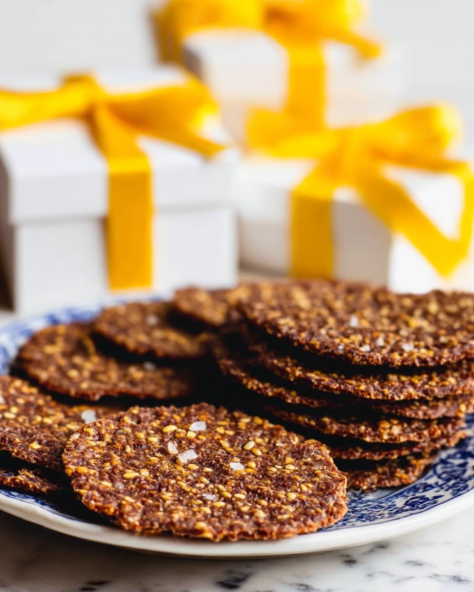 A close-up of several thin, round, dark brown brittle crackers stacked on a white plate with blue patterns, each cracker sprinkled with golden sesame seeds and small flakes of sea salt, showing a rough, textured surface. Behind the plate, there are white gift boxes tied with bright yellow ribbons, all set on a white marbled texture surface. photo taken with an iphone --ar 4:5 --v 7