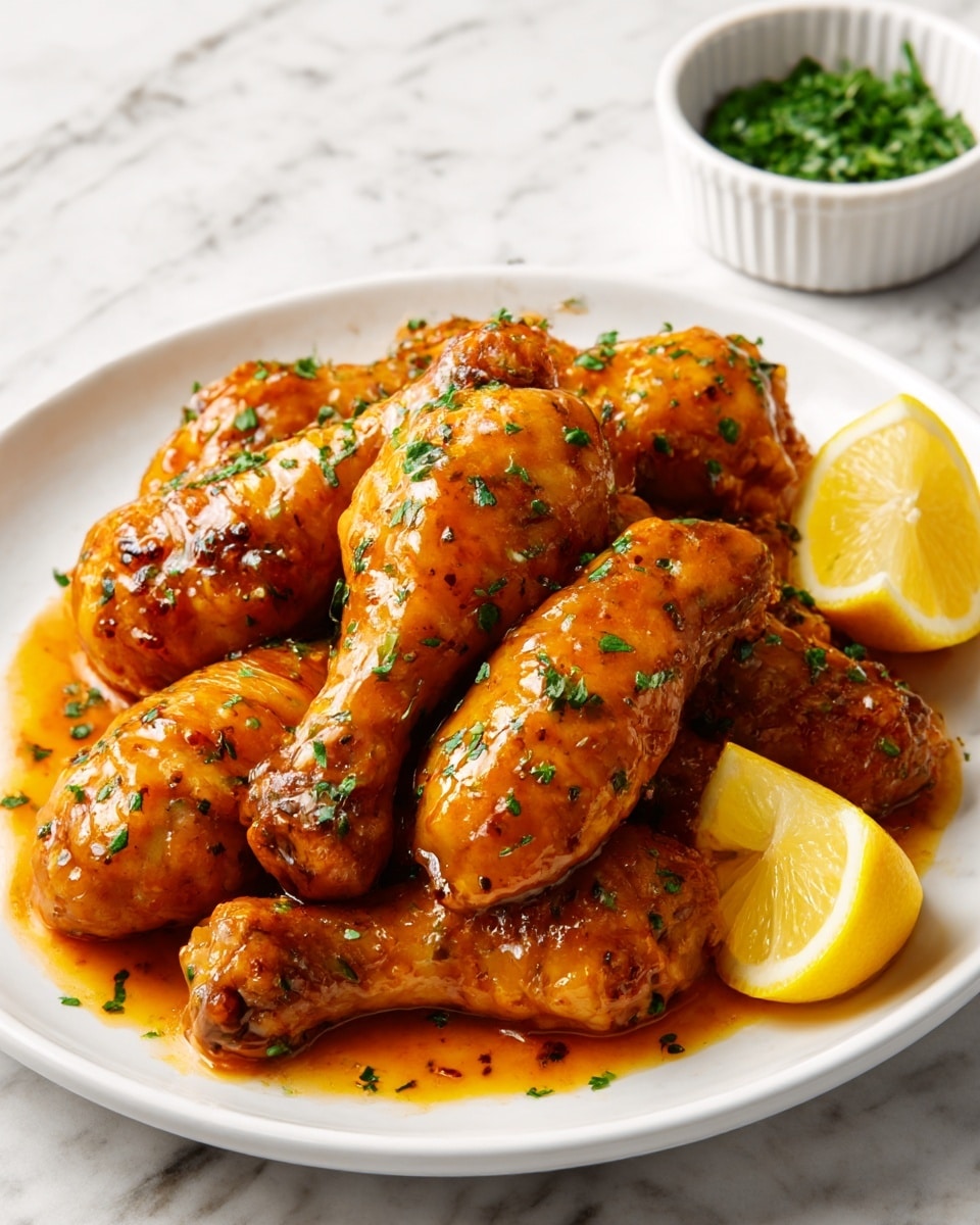 A white round plate is filled with about fourteen shiny, golden-brown chicken drumettes, all coated evenly in a rich, slightly oily orange glaze with visible small charred specks and blackened bits. The drumettes are stacked in a loose pile showing a textured, crispy skin, sprinkled generously with finely chopped green herbs. On the right side of the plate, three bright yellow lemon wedges sit neatly, adding a fresh contrast. In the slightly blurred background, a small white bowl holds more finely chopped green herbs, all set on a white marbled surface. photo taken with an iphone --ar 4:5 --v 7