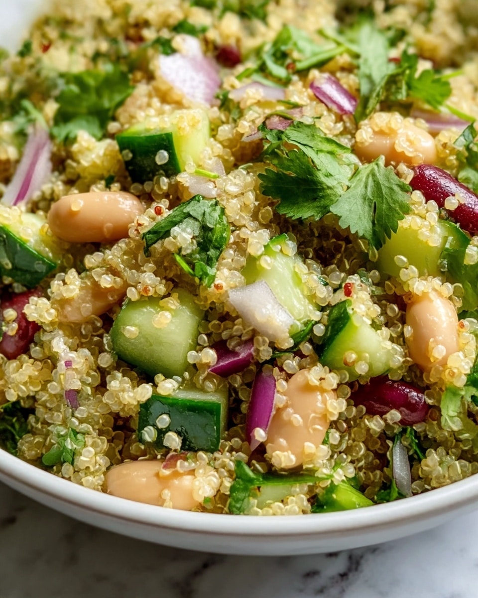 The image shows a close-up of a quinoa salad in a white bowl placed on a white marbled surface. The salad has small, round grains of quinoa in light yellow and some dark red. Mixed within are green cucumber pieces with a glossy, fresh look, beige beans, small chunks of purple onion, and bright green leaves of cilantro spread evenly on top and throughout. The textures vary between the soft, bouncy beans, crunchy cucumber, and fluffy quinoa grains, making the salad look fresh and colorful. photo taken with an iphone --ar 4:5 --v 7