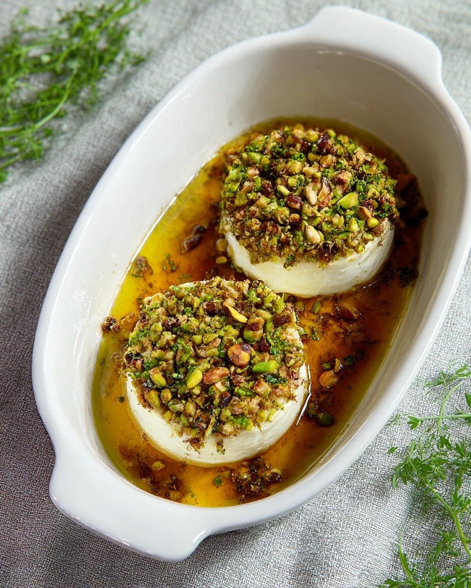 The image shows two round pieces of soft white cheese placed inside a white oval baking dish. Each cheese piece is topped with a thick, crunchy layer of chopped nuts that are golden brown and green, likely pistachios, with some parts slightly darker from roasting. Surrounding the cheese and nuts is a shallow pool of golden-brown oil or sauce that adds a glossy shine. The baking dish has two handles and rests on a textured light gray fabric, with fresh green herbs visible to the side. The scene is brightly lit, emphasizing the textures and colors of the dish. photo taken with an iphone --ar 4:5 --v 7