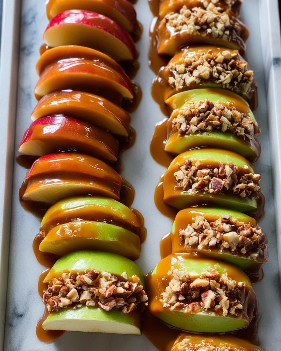 Two neat rows of apple slices sit on a white marbled tray, each slice coated with a thick layer of glossy caramel sauce. The row on the left features red apple slices topped only with caramel, while the row on the right shows green apple slices layered with caramel and sprinkled generously with chopped nuts, adding a crunchy texture. The caramel drips slightly off the edges, pooling on the white marbled surface beneath, enhancing the rich and sweet look of the apples. photo taken with an iphone --ar 4:5 --v 7