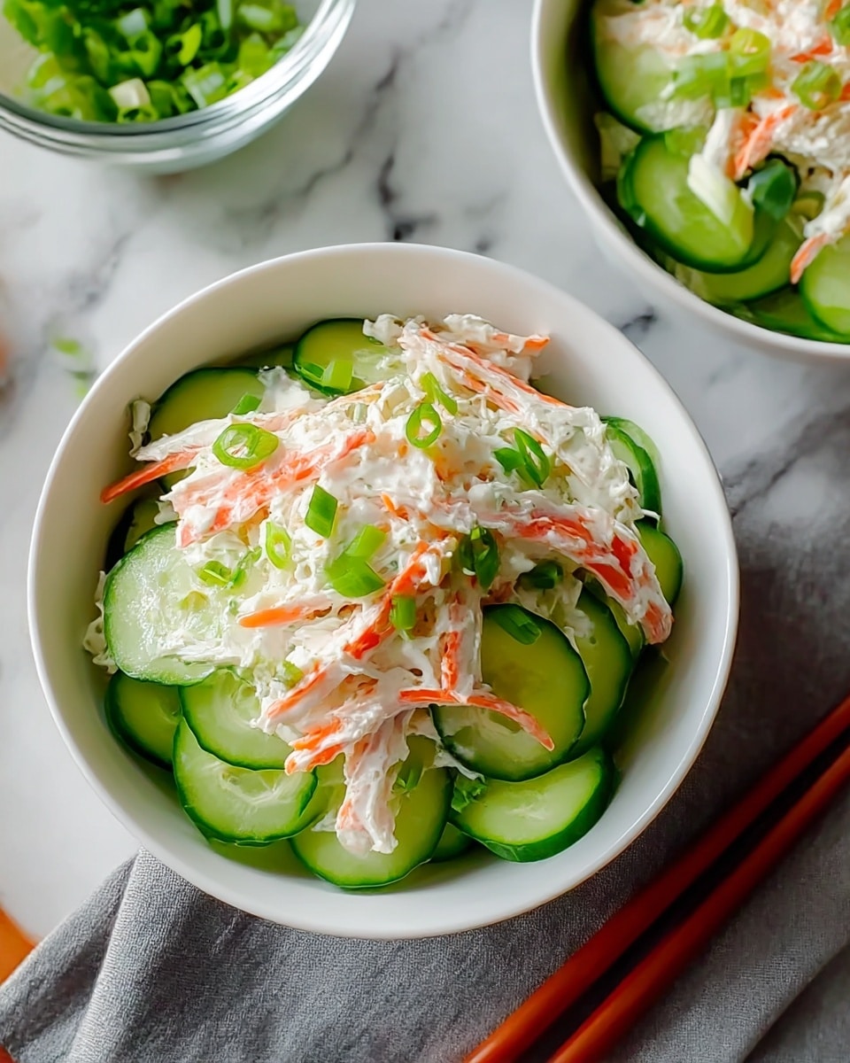 A white bowl holds a fresh salad with two main layers: the bottom layer is thinly sliced cucumber rounds in green with a smooth texture, arranged flat along the bowl's base. The top layer has strips of white and orange crab sticks mixed with white creamy dressing, scattered unevenly. Small pieces of chopped green onions are sprinkled over the crab sticks, adding tiny bright green accents. The scene also includes another white bowl with the same salad in the top right corner and a clear glass bowl with chopped green onions in the top left. The background is a white marbled texture with wooden chopsticks resting horizontally to the right of the main bowl, on a grey cloth. photo taken with an iphone --ar 4:5 --v 7