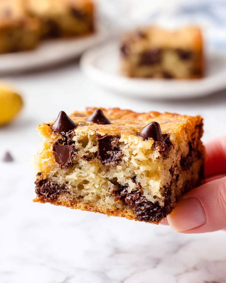 A close-up of a single square blondie bar on a black metal cooling rack with a white marbled texture in the background. The blondie has one main thick layer, light golden in color with a moist, soft, and slightly crumbly texture. Inside and on top, there are many semi-melted dark brown chocolate chunks, creating an uneven texture and glossy spots where the chocolate is melting. Part of the blondie shows a bite taken out, revealing its dense interior filled with gooey chocolate pieces. Photo taken with an iphone --ar 4:5 --v 7