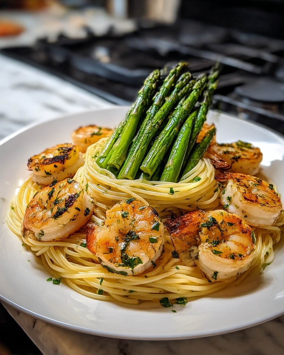 A white plate holds a dish with three layers: the bottom layer is light yellow spaghetti with chopped green herbs, forming a nest-like base; on top are several grilled shrimp, pink with charred edges and green herb specks, arranged evenly around the plate’s edge; the top layer features a neat bundle of bright green asparagus spears with slight char marks, placed in the center over the shrimp. The background is a white marbled texture with a stove slightly blurred behind. photo taken with an iphone --ar 4:5 --v 7