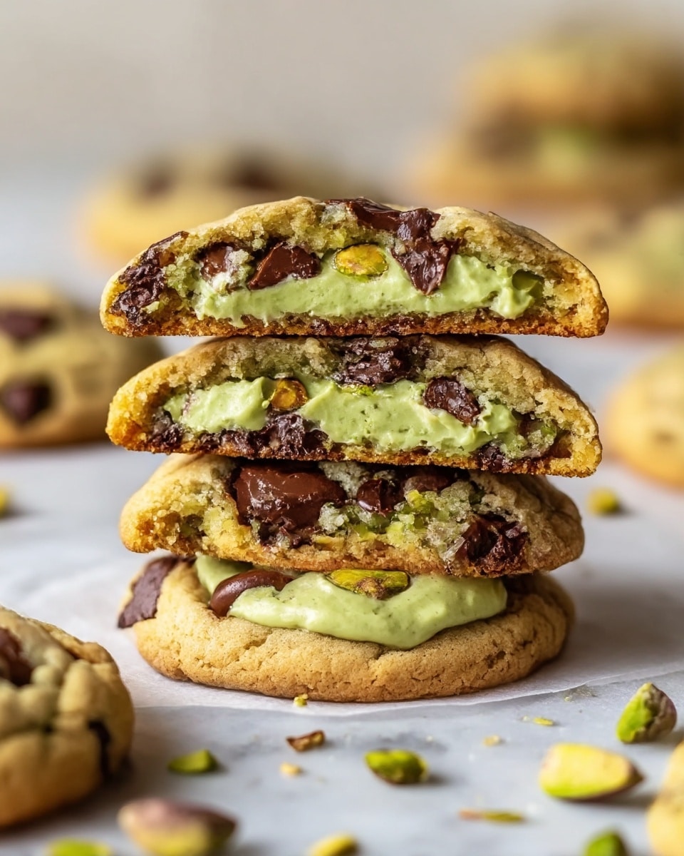 The image shows a stack of three cookies, each broken in half to reveal a creamy green filling inside. The cookies have a golden-brown outer layer with chunks of dark brown chocolate mixed in, and the green filling is smooth with small pieces of pistachio, sitting in the center. The bottom edge of the cookies looks slightly darker and crunchy. Around the stacked cookies, there are more whole cookies, all on a white marbled surface. Small bits of pistachio are scattered near the stack, adding texture to the scene. photo taken with an iphone --ar 4:5 --v 7