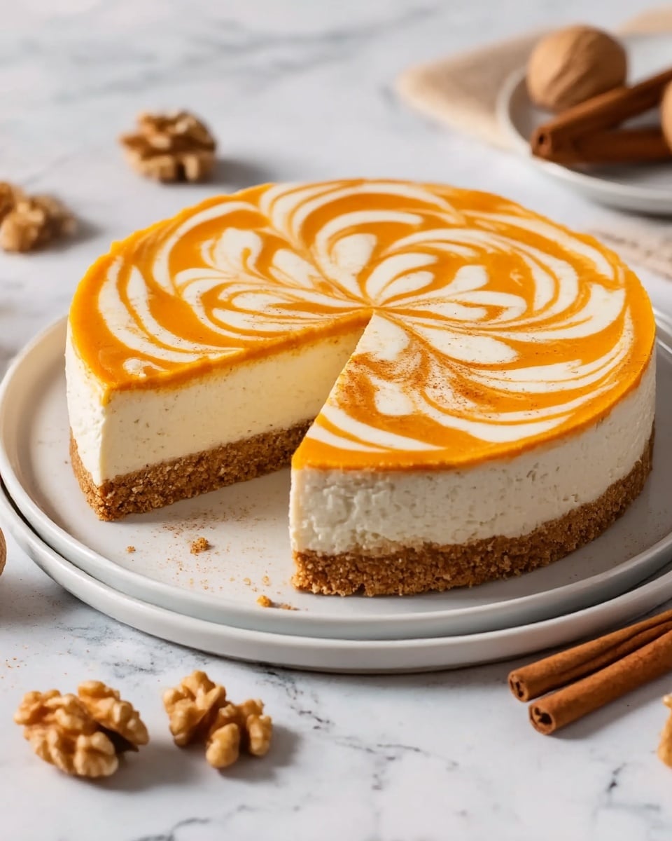 The image shows a round cheesecake with three layers on a white plate sitting on a white marbled surface. The bottom layer is a crumbly brown crust, the middle layer is thick and creamy white cheese, and the top layer is orange with a white flower-like swirl pattern evenly spread. One slice is cut and slightly pulled out, revealing the smooth texture inside. Around the plate are whole walnuts and cinnamon sticks, adding a warm, cozy feel. photo taken with an iphone --ar 4:5 --v 7