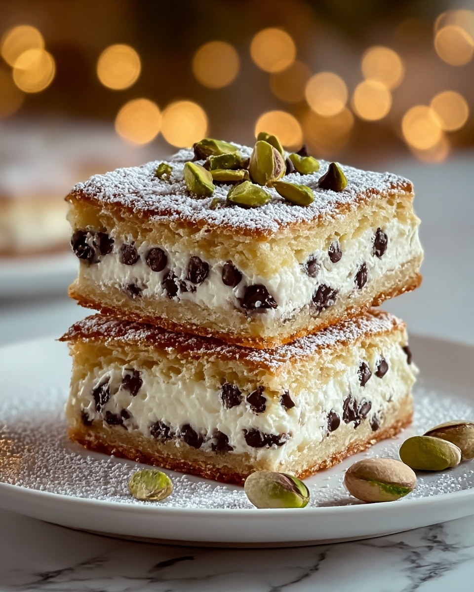 Two square dessert bars are stacked on a white plate over a white marbled surface. Each bar has three layers: the top and bottom layers are golden brown baked dough with a slightly crisp texture, dusted with white powdered sugar. The middle layer is thick and creamy white, filled with small dark chocolate chips evenly spread throughout. On top of the upper bar, there are roughly chopped green pistachios scattered, with a few pistachios also resting on the plate. The background is softly blurred warm lights, adding a cozy atmosphere to the image. Photo taken with an iphone --ar 4:5 --v 7