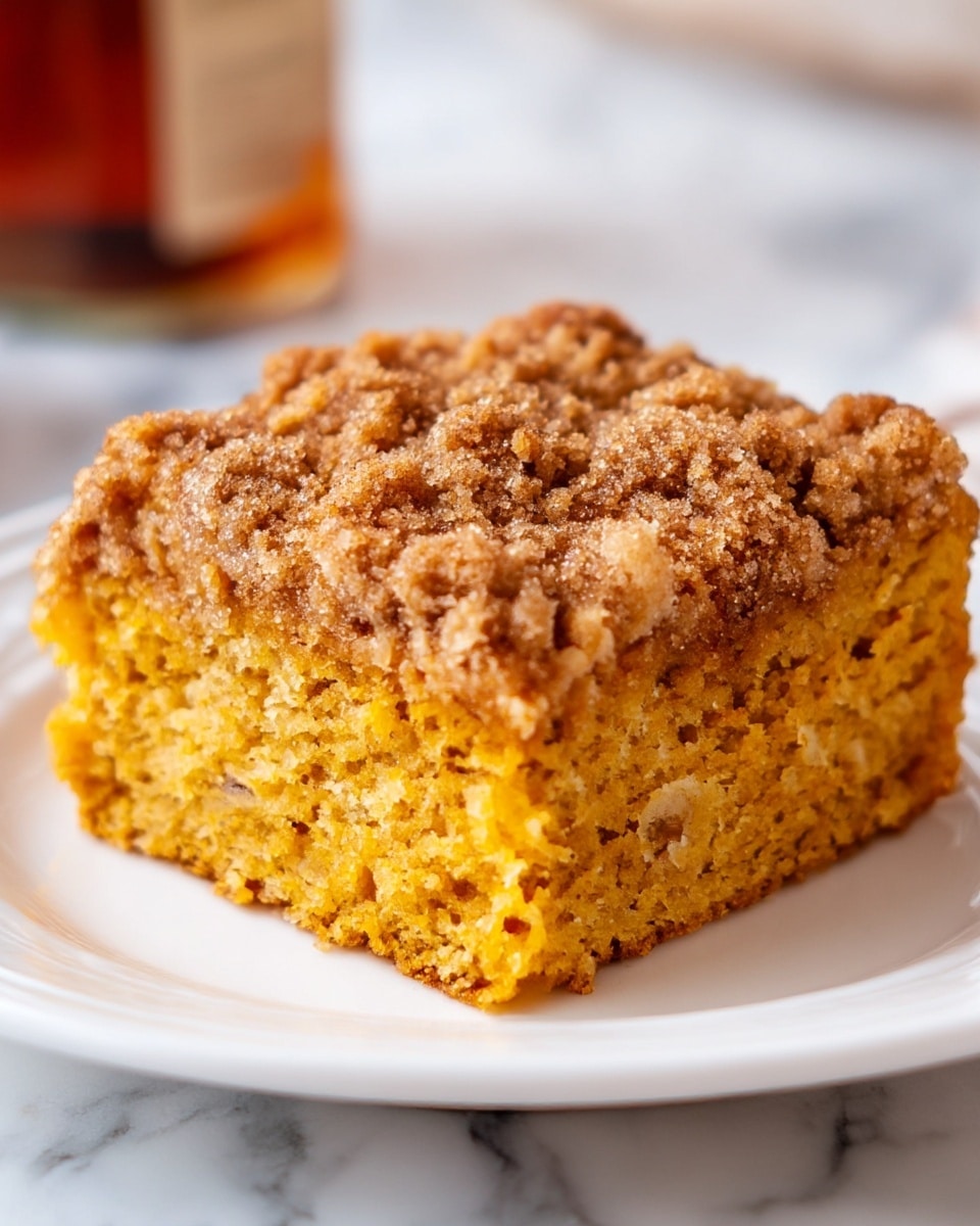 A single square piece of moist orange cake with a crumbly brown streusel topping sits on a white plate. The cake layer is thick and dense with a soft texture and small bits inside, while the topping layer is uneven with a coarse, sugary look, covering the entire top surface. The background is slightly blurred with a bottle visible. The plate rests on a white marbled surface. photo taken with an iphone --ar 4:5 --v 7