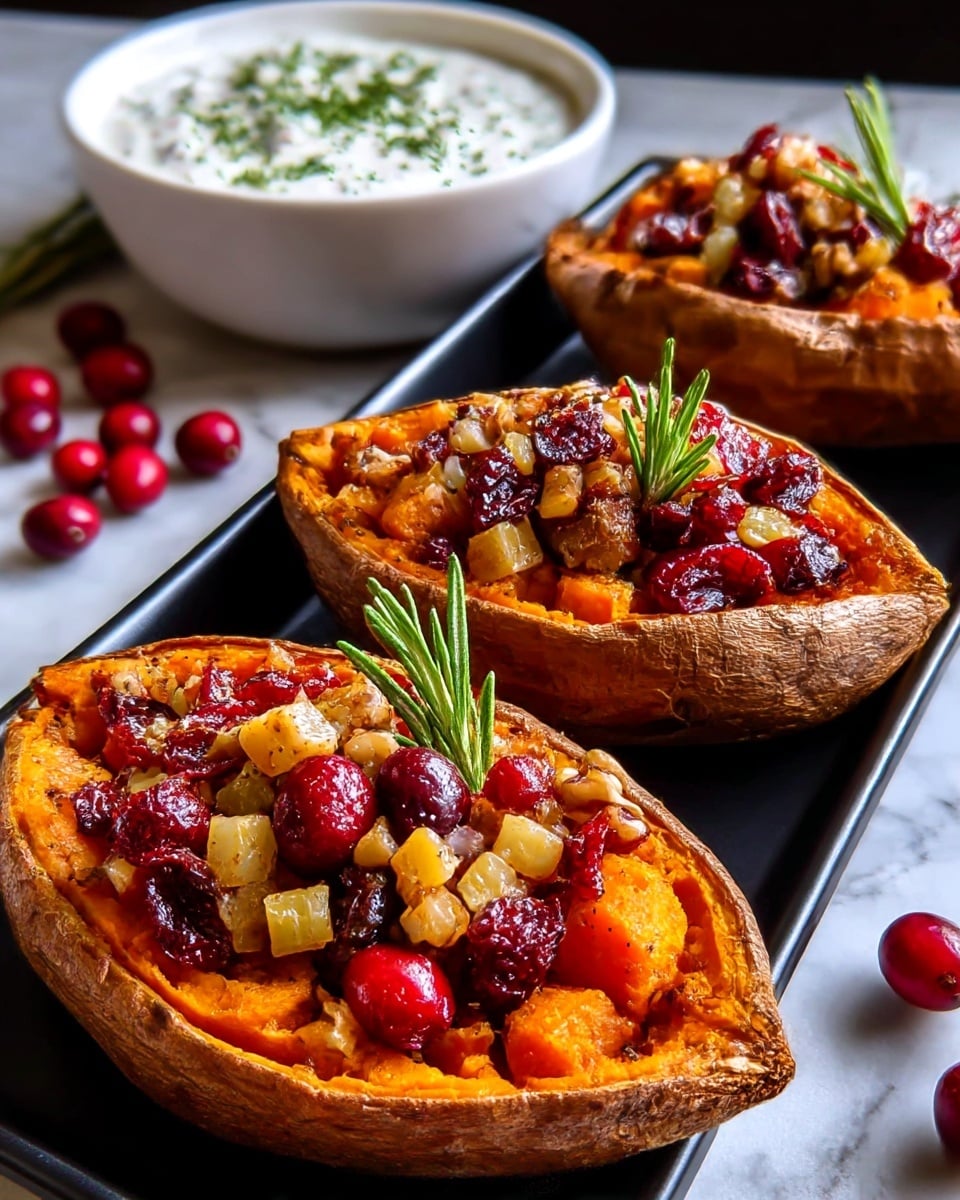 The image shows three roasted sweet potato halves arranged diagonally on a black rectangular tray. Each potato half has a crispy brown skin and a bright orange soft inside filled with a topping made of juicy red cranberries, small golden-brown diced pieces, and finely chopped nuts sprinkled on top, creating a mix of red, light brown, and dark brown colors. Each stuffed potato is garnished with a small sprig of green rosemary placed in the middle of the toppings. In the background, there is a white bowl filled with a creamy white sauce with green herbs scattered on top, and some loose cranberries can be seen near it, all placed on a white marbled texture surface. Photo taken with an iphone --ar 4:5 --v 7