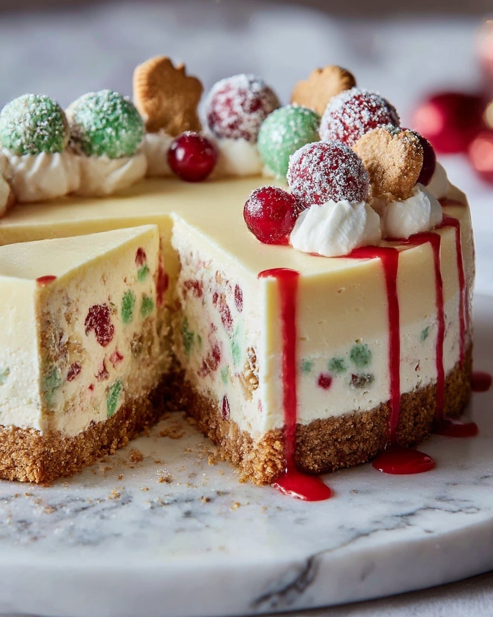 A festive three-layer cheesecake sits on a white marble-textured surface, featuring a crumbly brown base, a thick creamy white middle layer with red and green specks, and a smooth light yellow top layer. The top edge is decorated with small white cream dollops, assorted red, green, and white truffles dusted with sugar, and a few small cookies. Red syrup drips down the sides of the cheesecake, adding a vibrant contrast to the creamy layers. The cake is partially sliced, revealing its colorful inside. Photo taken with an iphone --ar 4:5 --v 7