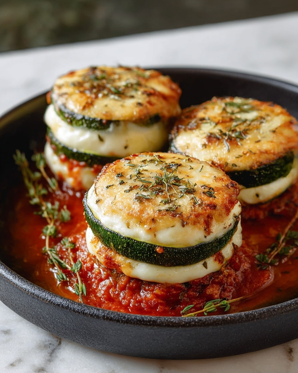 The dish shows three small layered stacks in a dark round dish, each stack has four main layers: the bottom layer is thick and rich bright red tomato sauce, the second layer is a thick, creamy white cheese spread, the third and first layers are thick zucchini rounds with green skin and pale inside, topped with melted golden brown cheese that is slightly crispy and sprinkled with dried herbs and fresh green thyme. The tomato sauce slightly spreads out from the base of the stacks on the dish. The whole presentation sits on a white marbled surface. photo taken with an iphone --ar 4:5 --v 7