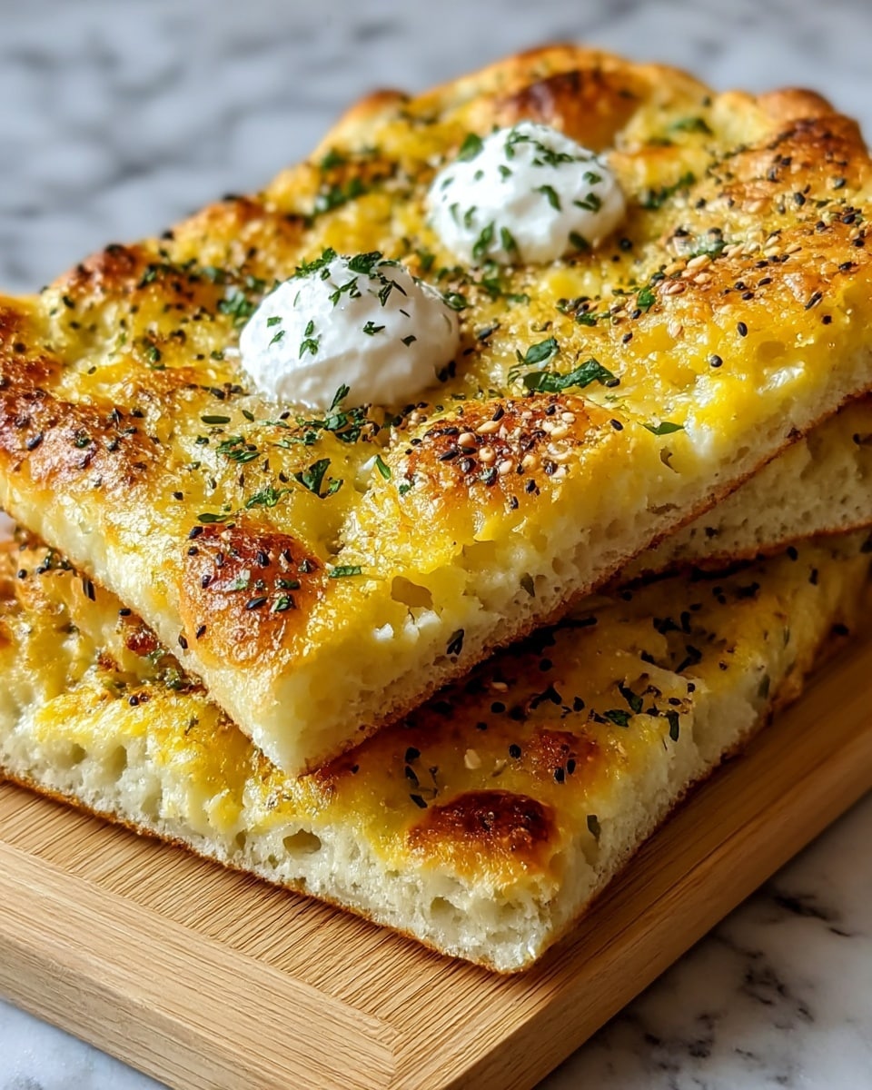 The image shows three pieces of golden-brown flatbread stacked on a light wooden board placed on a white marbled surface. Each flatbread slice is thick and has a bubbly, slightly crisp texture with a toasted yellow cheese layer on top. The top layer is dotted with small black sesame seeds and finely chopped green herbs, adding contrast and texture. There are three small dollops of white cream cheese evenly placed on the top slice, each sprinkled lightly with herbs. The edges of the bread look soft and fluffy with a slight irregular shape, showing a fresh, homemade quality. photo taken with an iphone --ar 4:5 --v 7
