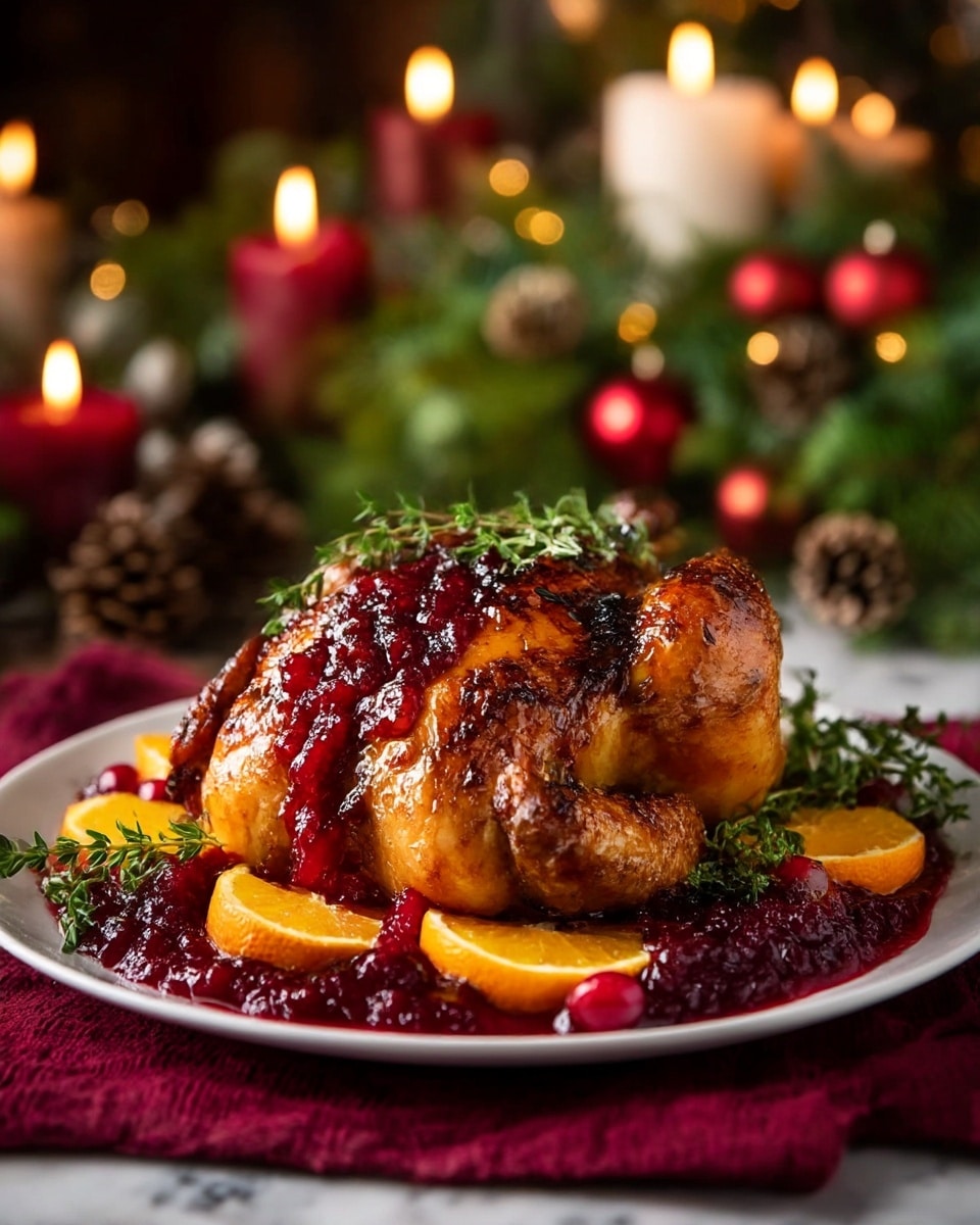A roasted whole chicken with golden brown, crispy skin sits on top of a thick layer of glistening red cranberry sauce on a white plate. Surrounding the chicken are several bright orange citrus wedges, and the dish is garnished with fresh green thyme sprigs laid on and around the chicken. The plate rests on a dark red textured cloth, with a blurred festive background featuring warm glowing candles, green pine branches, pinecones, and red ornaments, all set against a white marbled surface. photo taken with an iphone --ar 4:5 --v 7
