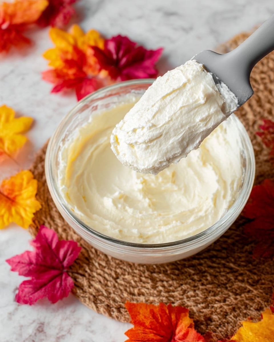 A clear glass bowl filled with smooth, creamy white frosting, with a gray spatula holding a thick dollop of the frosting above the bowl. The bowl rests on a textured brown woven mat, which is set on a white marbled surface. Around the bowl, there are scattered artificial leaves in bright fall colors of red, orange, yellow, and deep pink, adding a seasonal touch to the image. photo taken with an iphone --ar 4:5 --v 7
