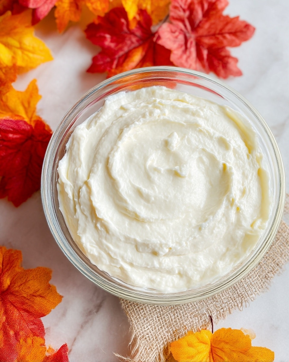 A glass bowl filled with a thick, creamy white mixture that has a soft, smooth texture with gentle swirls on top, placed on a white marbled surface. Around the bowl are scattered artificial autumn leaves in bright red, orange, and yellow colors, and a small piece of burlap fabric is partially visible under the bowl. The photo has a soft natural light that highlights the smoothness of the cream, making it look fluffy and fresh. photo taken with an iphone --ar 4:5 --v 7