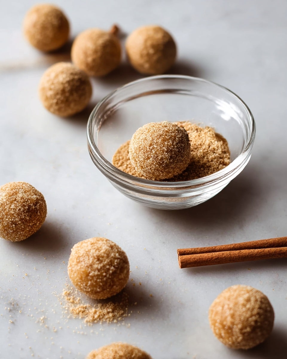 The image shows several small round balls covered in a crumbly light brown coating scattered on a white marbled surface. In the center is a clear glass bowl with one ball inside resting on a small bed of the same crumbly coating. Two cinnamon sticks lie flat among the balls, adding a warm brown color to the scene. The balls have a rough texture, indicating a grainy or nutty coating. The overall mood is warm and rustic, with muted natural colors and soft lighting. photo taken with an iphone --ar 4:5 --v 7