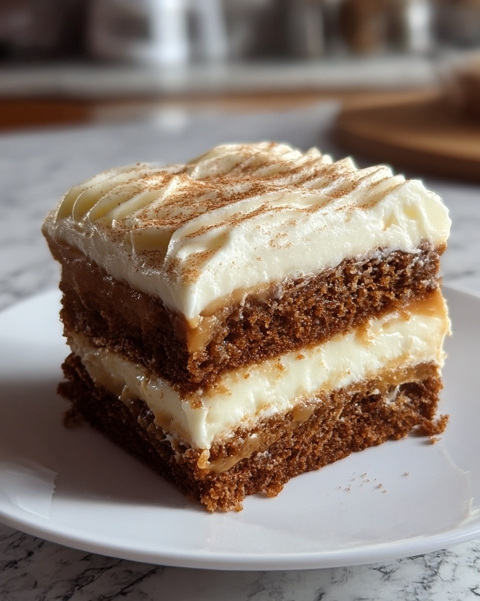 A thick square slice of layered cake sits on a white plate. It has three layers: the bottom and top layers are a deep brown, moist cake with a slightly crumbly texture. In the middle, there are two layers of creamy white frosting sandwiching a smooth light brown caramel-like filling. The top white frosting layer is thick with soft, swirled peaks and is slightly dusted with a light brown powder. The plate rests on a white marbled surface with a soft focus kitchen background. photo taken with an iphone --ar 4:5 --v 7