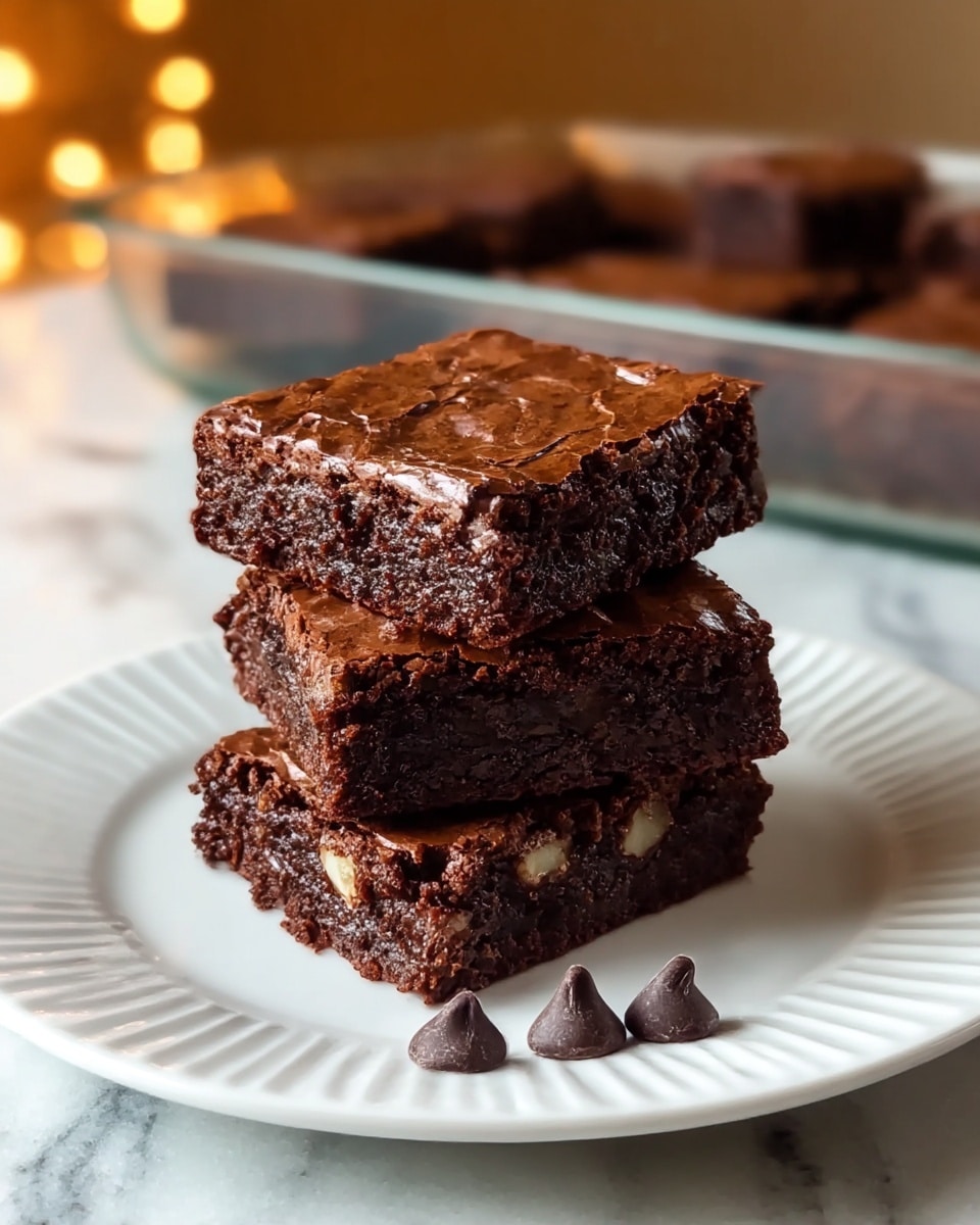Three thick square brownies are stacked on a white round plate with ridged edges, placed on a white marbled surface. Each brownie has a glossy, crinkly top layer in dark brown, and a dense, moist inner layer visible on the sides with scattered chunks of lighter chocolate or nuts. Near the brownies on the plate are three small dark chocolate chips. The background is warm and softly blurred with a hint of a glass baking dish holding more brownies in the back. photo taken with an iphone --ar 4:5 --v 7