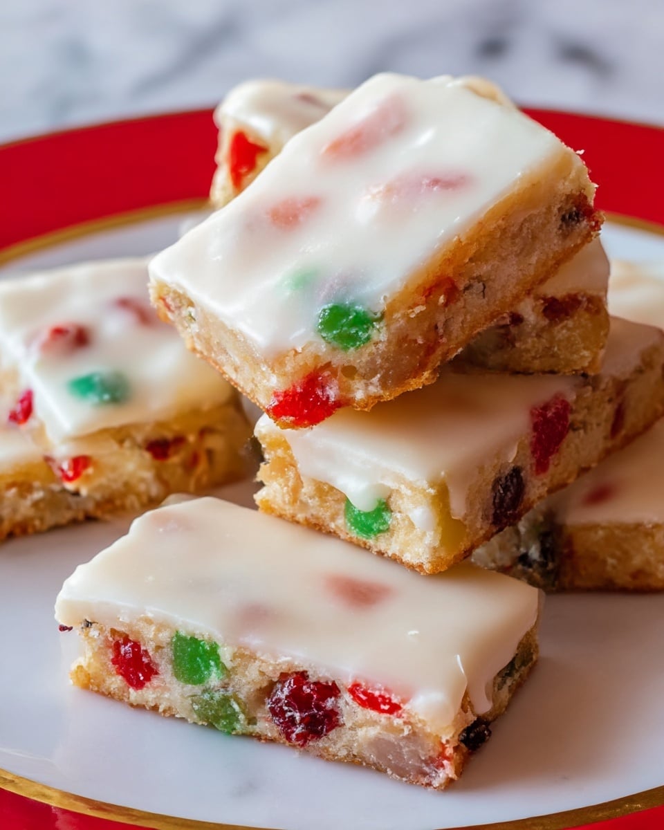 The image shows several rectangular cookies stacked on a white plate with a red edge, placed on a white marbled surface. Each cookie has a golden brown base layer with visible colorful pieces of red, green, and black fruits mixed inside. On top of the base, there is a thick smooth white icing layer covering almost the entire surface of each cookie, with some fruit pieces faintly visible beneath the icing. The cookies have a slightly uneven, homemade texture with soft edges. Photo taken with an iphone --ar 4:5 --v 7