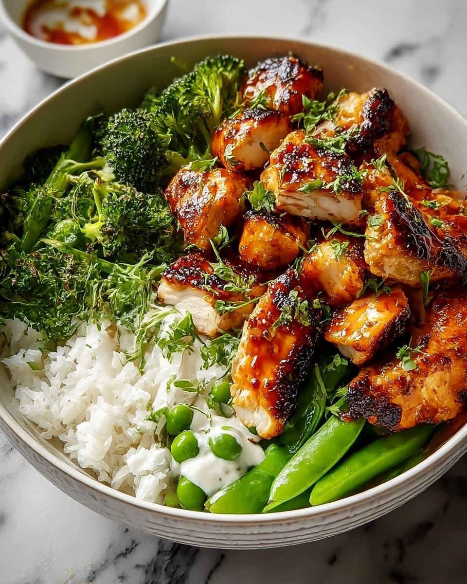 A bowl filled with three main layers is shown: the base layer is white steamed rice with a soft texture, the middle layer consists of bright green broccoli and snap peas mixed with small drops of white cream, and the top layer features pieces of glazed, golden-brown grilled chicken with charred edges, sprinkled with fresh green herbs. The bowl is white with a subtle textured rim, and it sits on a white marbled surface. The image captures the vibrant colors and textures clearly, with a small white bowl of sauce visible in the background. Photo taken with an iphone --ar 4:5 --v 7