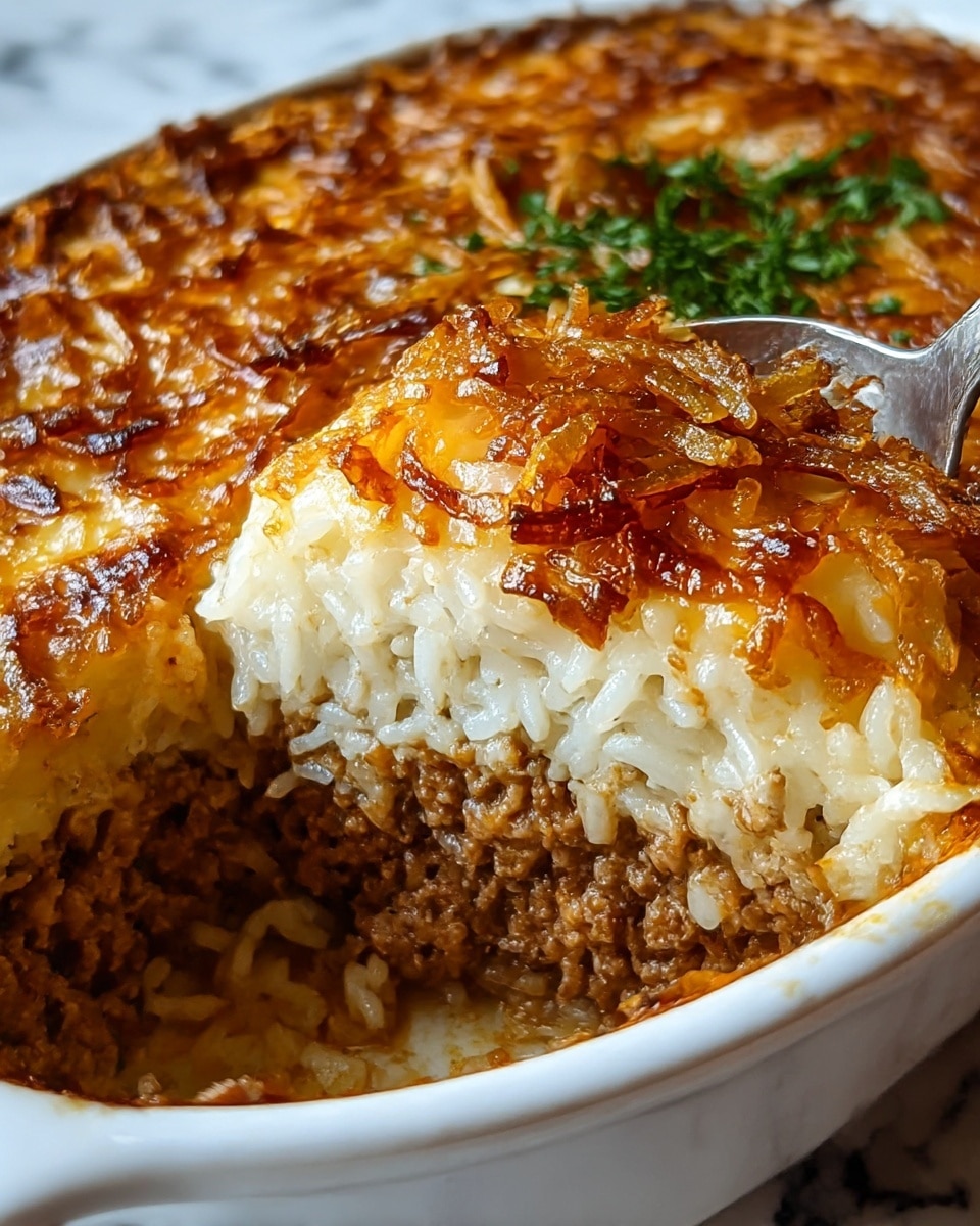 A close-up of a white oval dish showing a layered baked rice and ground meat casserole with a spoon scooping out part of it. The dish has three visible layers: at the bottom, a thick, browned layer of cooked ground meat with a slightly crumbly texture; in the middle, a dense layer of soft white rice grains; and on top, a crispy golden brown layer of fried onions scattered all over with some green herb garnish peeking from the side. The top layer has a glossy, slightly oily finish with browned spots, giving it a rich texture. The background is a white marbled surface. Photo taken with an iphone --ar 4:5 --v 7