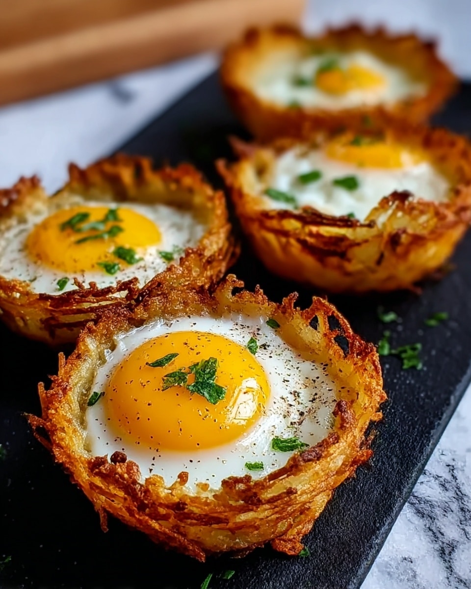 The image shows four crispy potato nests, each shaped like a small bowl with golden-brown, crunchy edges. Inside each nest is a perfectly cooked sunny-side-up egg with a bright yellow yolk and firm white, topped with small green herb pieces and a sprinkle of black pepper. They sit on a black tray that contrasts with the golden nests. The background features a white marbled texture and a wooden surface is partially visible. The photo appears close-up, highlighting the texture and freshness of the dish. Photo taken with an iphone --ar 4:5 --v 7