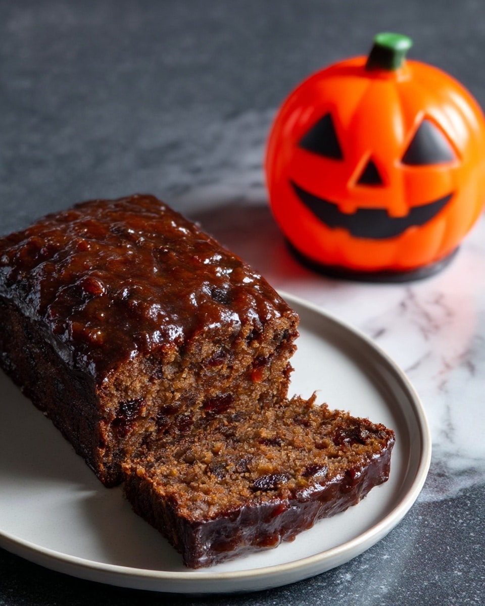 A loaf of dark brown fruitcake sits on a round white plate, with one end sliced to show a dense inside full of small fruit pieces. The cake’s top is shiny, textured, and uneven, showing a rich glaze. To the side, there is a bright orange pumpkin-shaped decoration with carved triangle eyes and nose, and a wide smiling mouth, adding a festive touch. The setting has a white marbled surface under the plate and decoration, creating a clean contrast. photo taken with an iphone --ar 4:5 --v 7