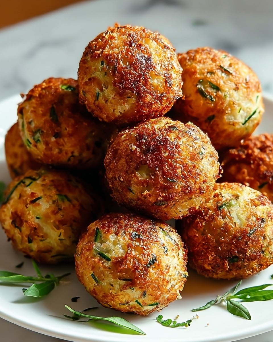 A close-up view of a white plate piled with seven round, golden-brown fritters, each about the size of a golf ball, showing a crispy outer texture with visible bits of green zucchini and specks of herbs throughout. The fritters are arranged in a small mound, some overlapping, with a few small green herb leaves scattered below and around them on the plate. The background features a white marbled surface with soft lighting that highlights the crispiness and color contrast of the fritters. Photo taken with an iphone --ar 4:5 --v 7