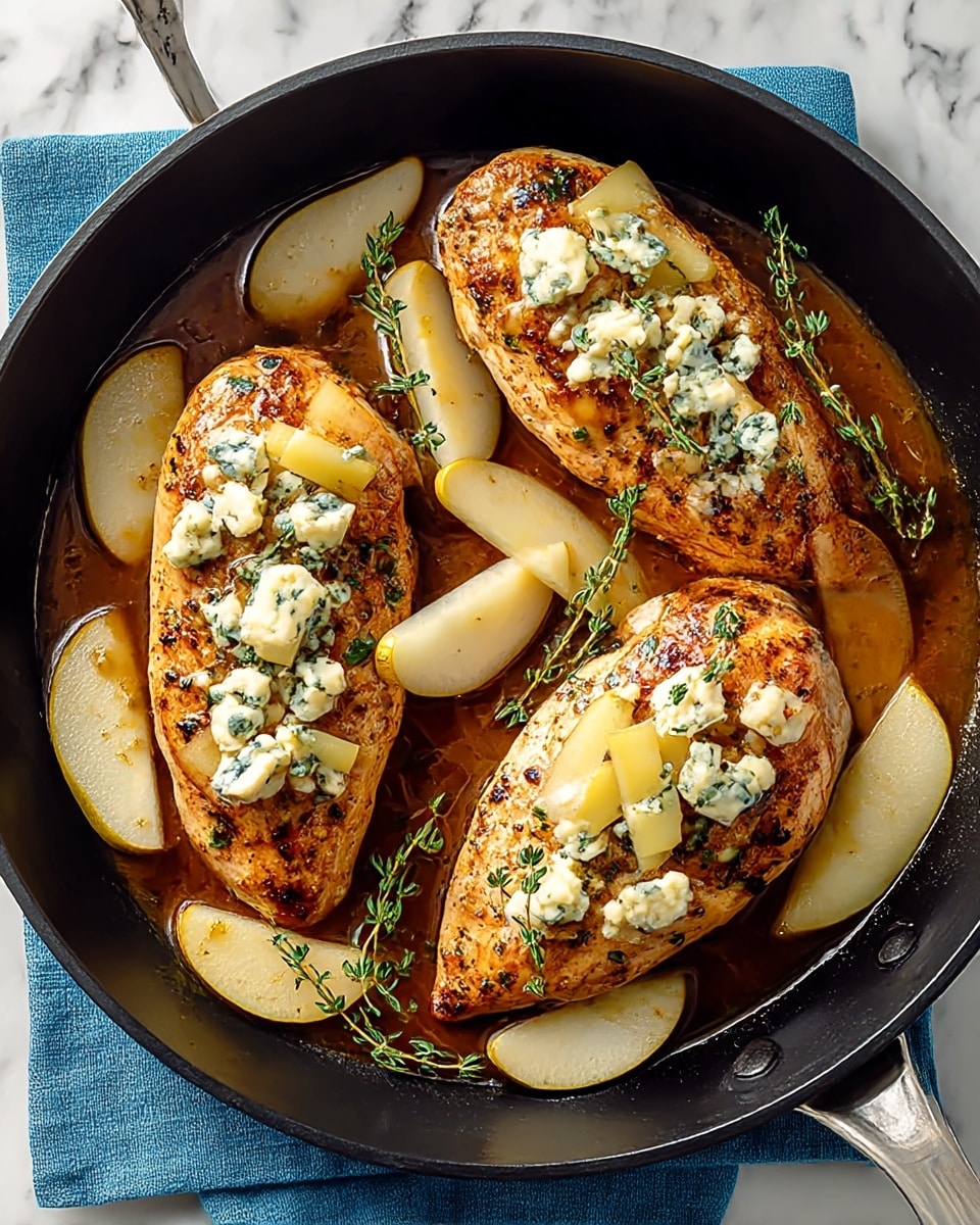 The image shows a black skillet with three cooked chicken breasts placed evenly inside. Each chicken breast is topped with small chunks of blue cheese and thin yellow pear slices, garnished with fresh green thyme sprigs. Additional pear slices are scattered between the chicken breasts, all sitting in a glossy, rich brown sauce. The skillet is on a blue cloth, set on a white marbled surface. The chicken has a golden-brown, slightly charred texture that contrasts with the creamy cheese and juicy pear slices. photo taken with an iphone --ar 4:5 --v 7