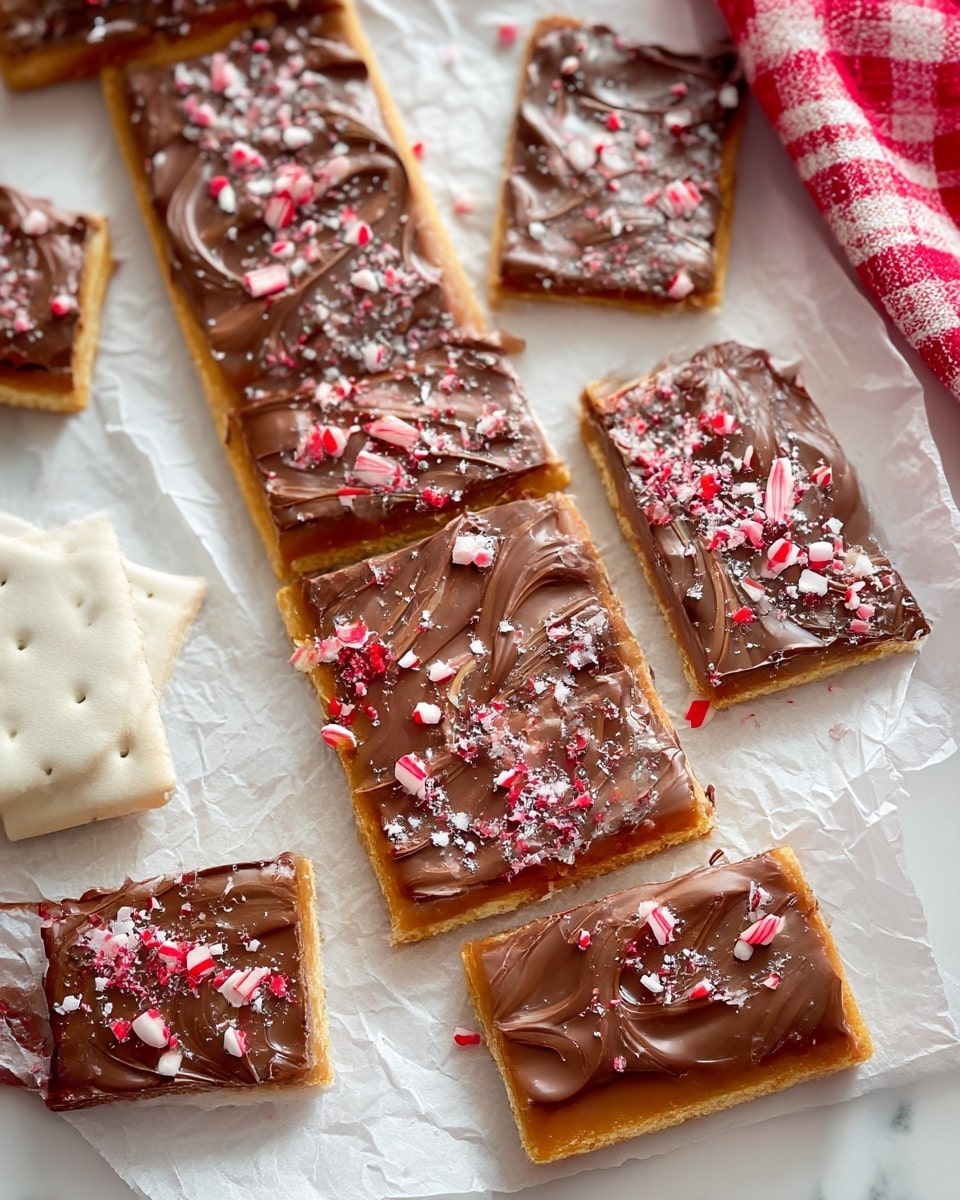 The image shows a large rectangular dessert on a baking tray lined with crinkled aluminum foil. The dessert has three visible layers: a bottom golden-brown base, a middle white creamy layer, and a top layer of smooth, shiny milk chocolate spread evenly across the surface. The chocolate layer is sprinkled with crushed red and white peppermint candy pieces, adding a pop of color and texture. The tray rests on a white marbled surface, and there is a stack of wafer biscuits and a red-checkered cloth nearby. Photo taken with an iphone --ar 4:5 --v 7