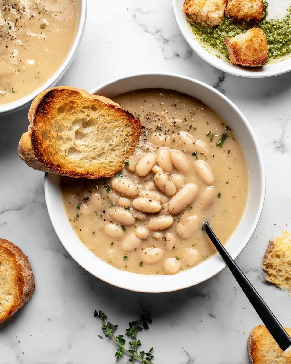 A white bowl filled with creamy white bean soup, showing whole white beans in a thick beige broth with green herb bits and a sprinkle of black pepper on top, accompanied by two toasted golden brown bread slices resting partially inside the bowl on the left side, with a black spoon placed inside the bowl on the right side. The bowl is set on a white marbled surface with a small sprig of green herb beside it, next to another bowl of soup with green pesto and golden croutons, and an extra toasted bread slice on the surface nearby. Photo taken with an iphone --ar 4:5 --v 7