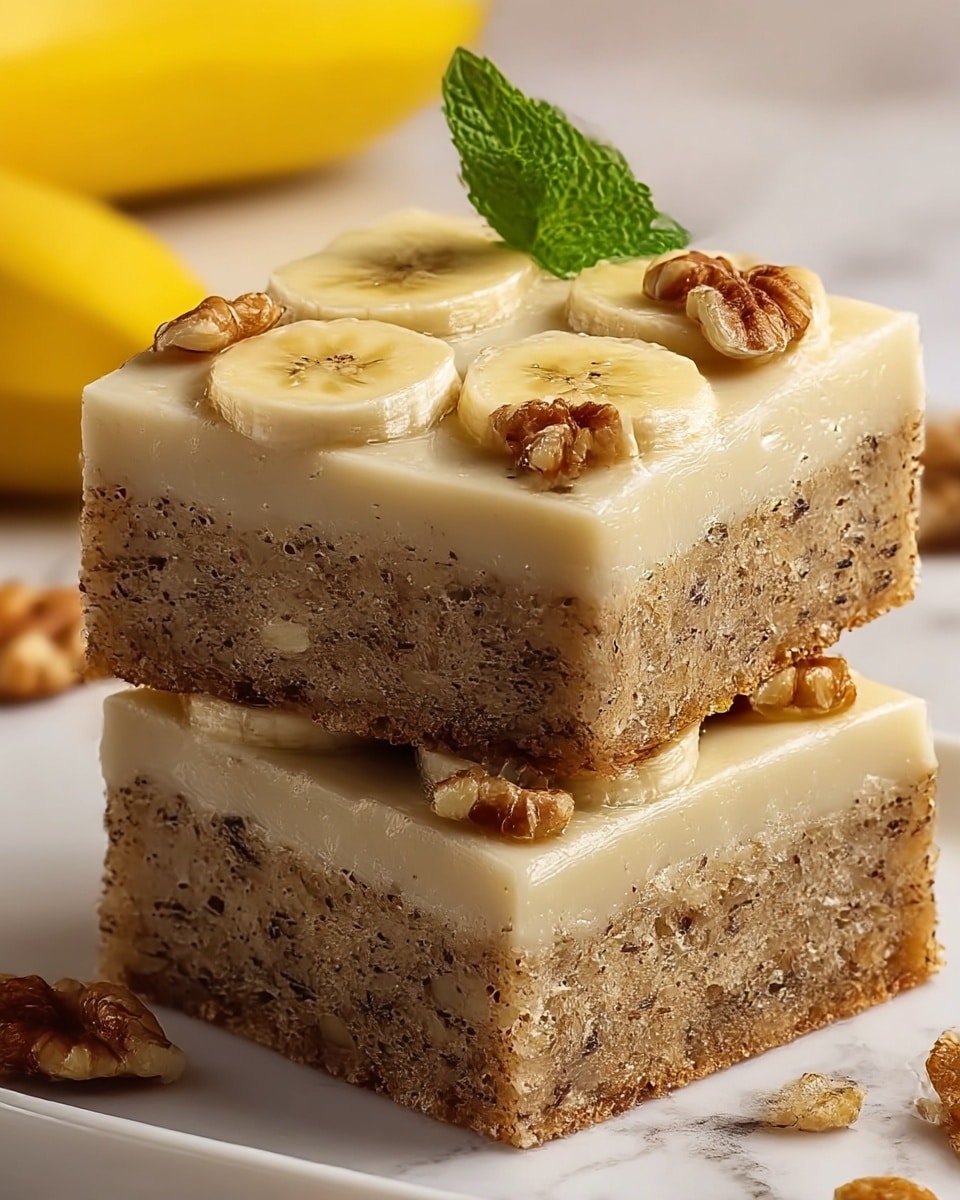 The image shows two square slices of banana cake stacked on a white plate. Each slice has two layers: a thick, textured brownish cake base with visible darker specks, and a smooth, creamy light beige topping with thin banana slices embedded on top. The upper layer is decorated with small walnut pieces scattered around and a fresh green mint leaf on the top slice. The background features a soft-focus yellow banana and a white marbled surface. photo taken with an iphone --ar 4:5 --v 7