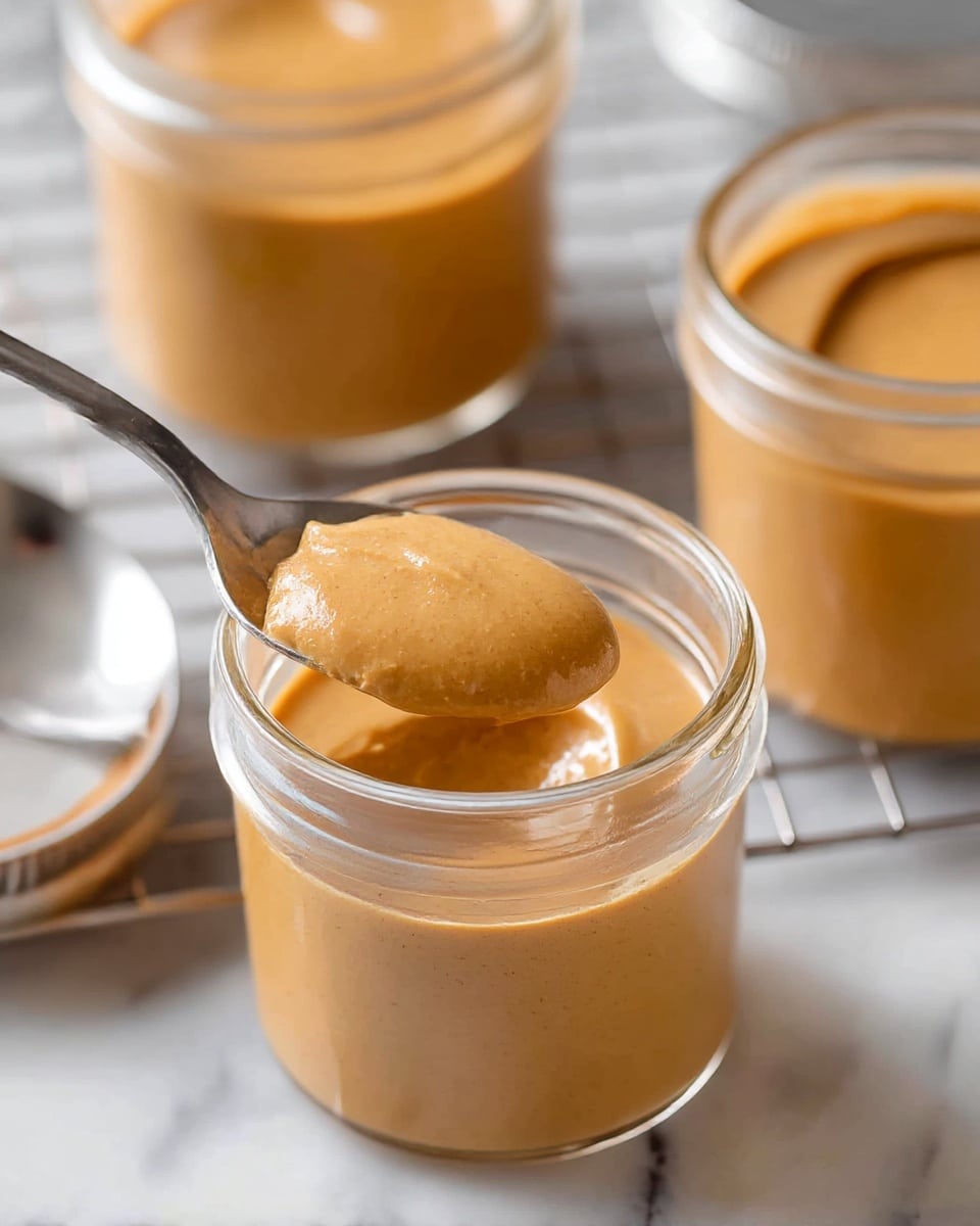 The image shows a creamy, smooth, light brown dessert in a small clear glass jar. The dessert has one main layer with a thick, silky texture and a glossy surface. A silver spoon is resting on top of the jar with a scoop of the dessert on it, showing the soft and dense consistency. In the background, there are two more jars filled with the same dessert, all placed on a white marbled surface with a cooling rack beneath. The warm caramel color of the dessert contrasts with the clear glass and the bright background, highlighting the rich and velvety quality of the dish. photo taken with an iphone --ar 4:5 --v 7