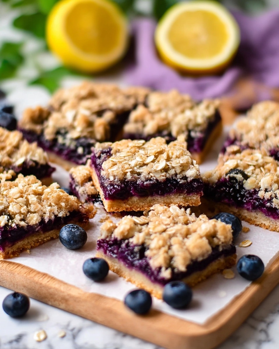 The image shows several square blueberry crumble bars arranged closely on a white parchment paper on a wooden board. Each bar has three layers: the bottom layer is a light golden brown crust, the middle layer is a deep purple, juicy blueberry filling, and the top layer is a golden crumble with visible oats adding texture. Fresh whole blueberries are scattered around the bars. In the background, there is a half lemon with a bright yellow interior placed near a white marbled surface, with a soft blurred purple cloth and green plant also faintly visible. photo taken with an iphone --ar 4:5 --v 7