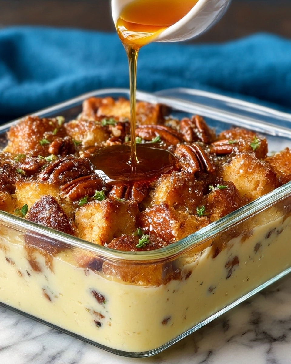 The dish is a layered bread pudding in a clear glass square baking dish, showing three visible layers: the bottom layer is creamy and pale yellow with bits of darker raisins, the middle layer consists of golden-brown baked bread cubes with a crispy texture, and the top layer is covered with glossy caramelized pecans and a drizzle of amber syrup being poured over it, with small green herb pieces sprinkled on top. The dish sits on a white marbled surface with a blurred blue cloth in the background. photo taken with an iphone --ar 4:5 --v 7