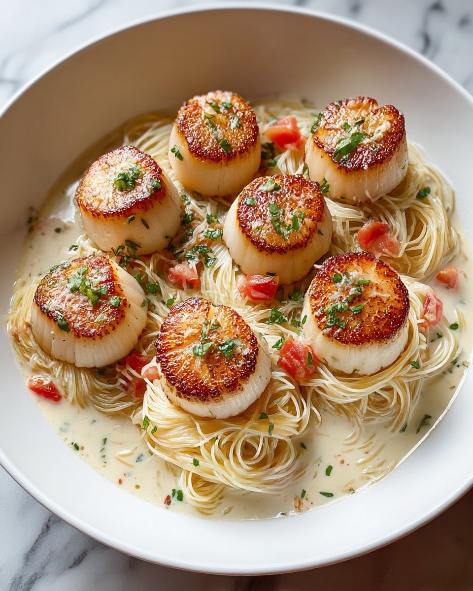A white bowl holds six large seared scallops with a golden-brown crust on top, arranged evenly over a bed of thin angel hair pasta noodles twisted into small nests. The pasta is coated lightly with a creamy, pale sauce that pools gently at the base. Bright green chopped herbs and small pieces of red tomato are scattered on top and around the scallops, adding fresh color contrast. The bowl sits on a surface with a white marbled texture. Photo taken with an iphone --ar 4:5 --v 7