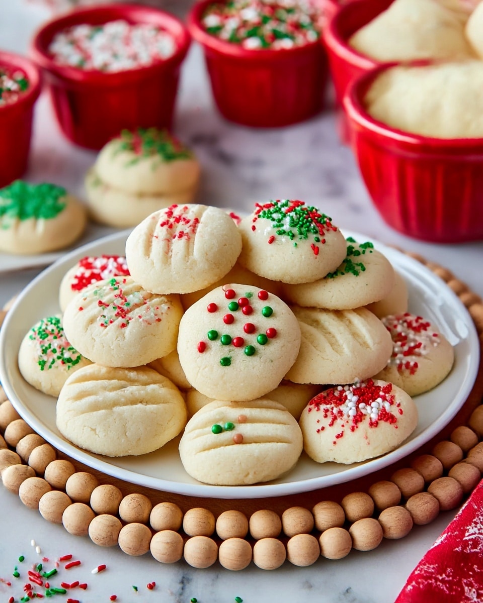 A white round plate holds about a dozen small, soft cookies arranged in a pile. Each cookie is pale and smooth with shallow fork marks on top, decorated with red, green, and white sprinkles in various shapes including dots and tiny spheres. The plate is set on a wooden trivet with round wooden beads around its edge. In the background, there are red containers filled with more colorful sprinkles, placed on a white marbled surface. Some sprinkles are scattered on the surface near the plate. Photo taken with an iphone --ar 4:5 --v 7