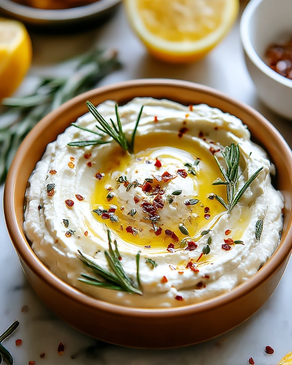 A light brown bowl filled with a creamy white dip swirled to create soft peaks around the edge, topped with a golden layer of olive oil in the center. Small green herb leaves and three sprigs of rosemary are scattered on top along with a sprinkle of red chili flakes, adding texture and color contrast. The bowl sits on a white marbled surface with blurred background elements including a white bowl and lemon half. Photo taken with an iphone --ar 4:5 --v 7