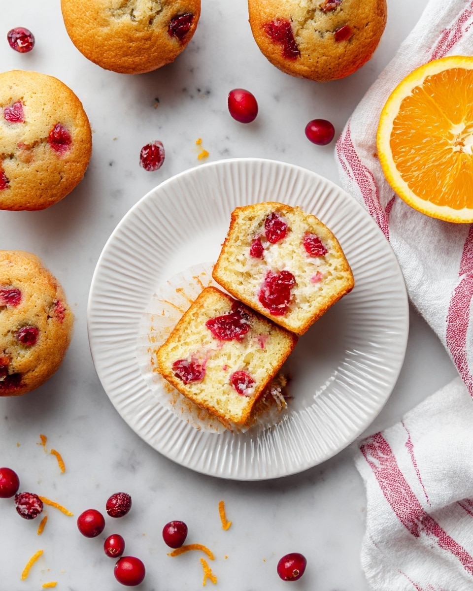 A white plate with a ridged edge holds an opened cranberry muffin cut in half, showing its soft, light yellow inside filled with bright red cranberries evenly spread through two layers. Around the plate, whole golden-brown muffins with visible red cranberry spots are scattered on a white marbled surface. A half-cut bright orange with a juicy texture sits near the top right, and a casual white cloth with red stripes is placed at the bottom. Small whole cranberries and a few orange zest shavings are scattered around, adding more color and texture. photo taken with an iphone --ar 4:5 --v 7