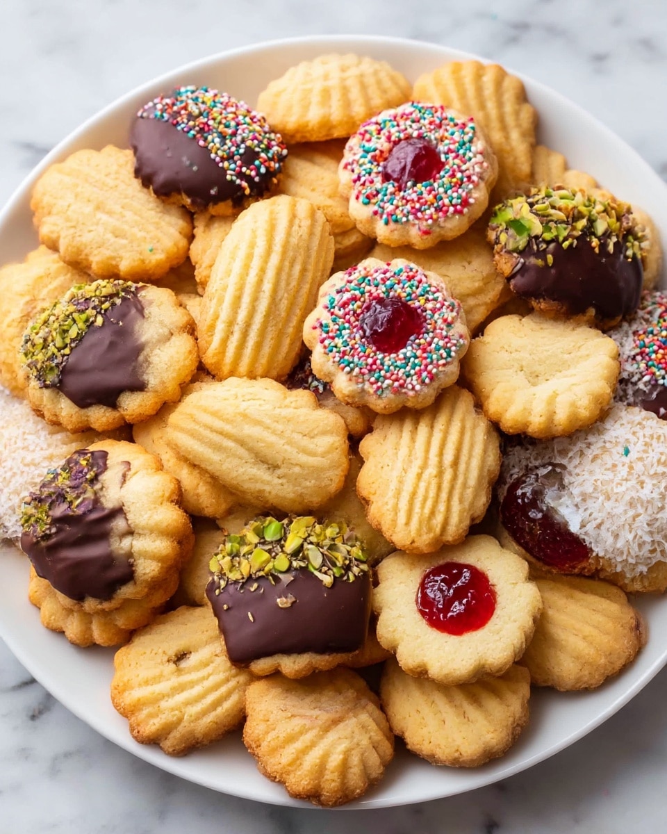 A large white plate full of various butter cookies with different shapes and decorations sits on a white marbled surface. The cookies show a mix of textures: some are round with scalloped edges and shiny red jam centers, others are ridged bars half-dipped in dark chocolate and sprinkled with colorful sprinkles, chopped pistachios, or shredded coconut. There are also flower-shaped cookies with a small chocolate drop in the center and some star-shaped ones dusted with powdered sugar. In the background, a small white square dish holds more colorful sprinkles, and a tiered white plate with additional cookies is partly visible. Crumbs and sprinkles are scattered lightly around the plate. Photo taken with an iphone --ar 4:5 --v 7