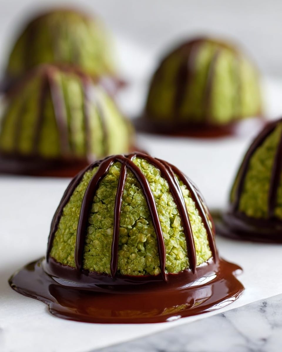 The image shows a close-up of a green textured dome-shaped dessert, made from small grain-like pieces, sitting on a white sheet. The bottom edge of the dome is dipped in thick dark brown chocolate, which drips down onto the white sheet, creating a glossy puddle. Thin lines of the same dark chocolate are drizzled vertically over the top and sides of the green dome. In the background, similar domes with the same green texture and chocolate drizzle appear out of focus, placed on the same white sheet and resting on a white marbled surface. photo taken with an iphone --ar 4:5 --v 7