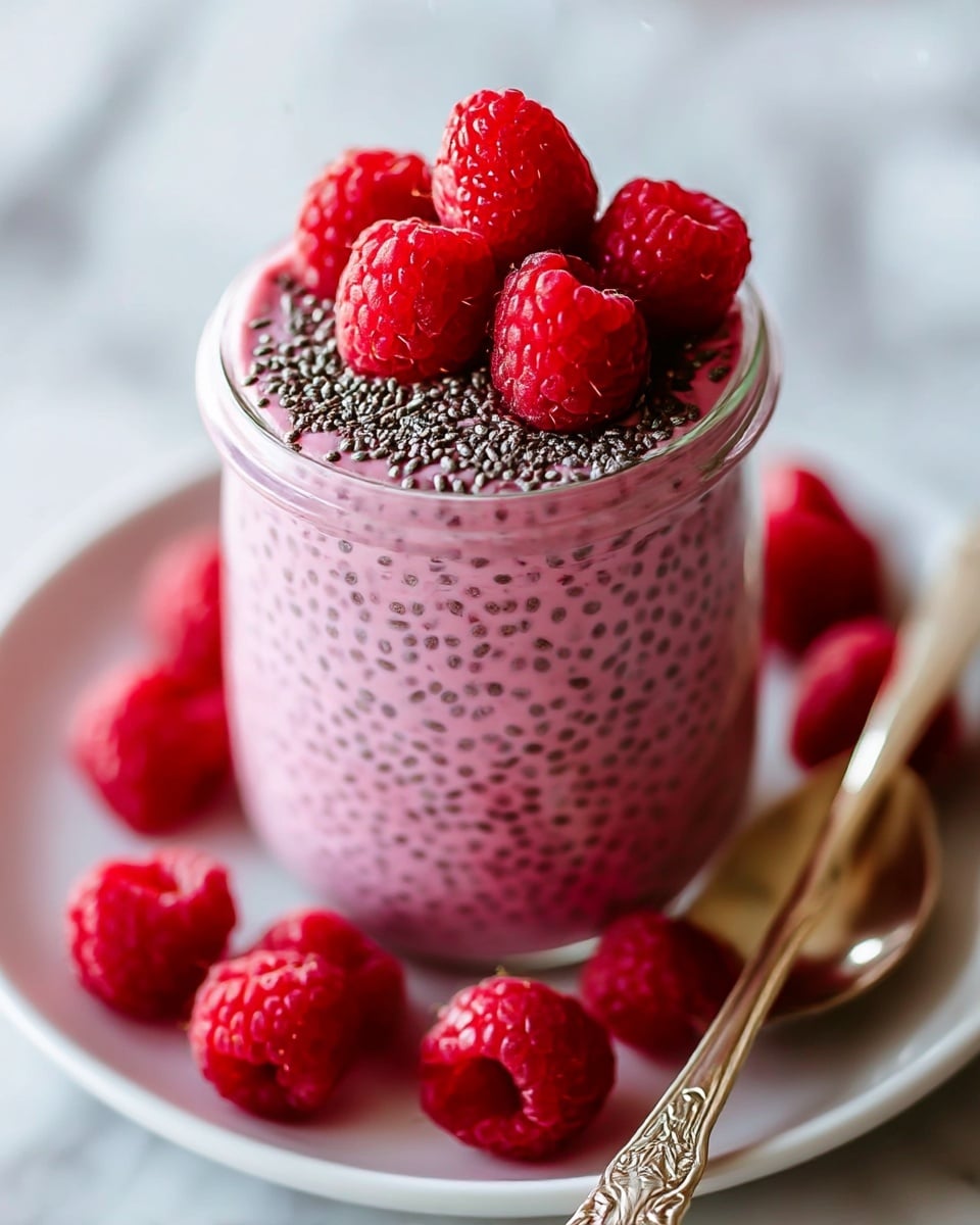 A clear glass filled with three visible layers: the bottom layer is bright pink chia pudding with black chia seeds evenly spread inside, the middle layer is a thick white cream topping that slightly spills over the edge of the glass, and the top layer consists of fresh red raspberries dusted with powdered sugar and sprinkled with more black chia seeds, with a small green mint leaf peeking out from the fruit. The glass is placed on a white plate, resting on a white marbled surface, with scattered chia seeds and a few extra raspberries around it. The background is softly blurred with some red raspberry shapes visible. photo taken with an iphone --ar 4:5 --v 7