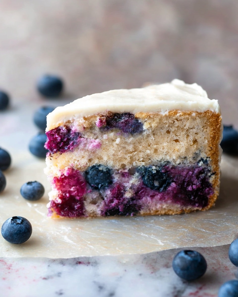 The image shows a single slice of blueberry cake resting on a square piece of translucent parchment paper, placed on a white marbled surface. The cake slice has two visible layers: the bottom layer is thick and dense with a mix of bright purple, deep blue, and reds from whole blueberries embedded inside, while the top layer is lighter beige with a soft and airy texture. The top of the cake is covered with a thin, creamy white frosting. Around the cake slice, fresh whole blueberries are scattered on the surface. photo taken with an iphone --ar 4:5 --v 7
